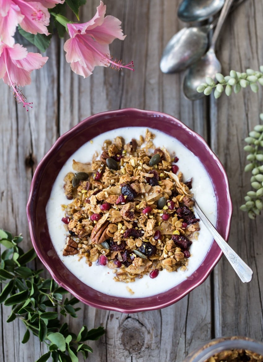 Top view of Granola in a bowl with milk