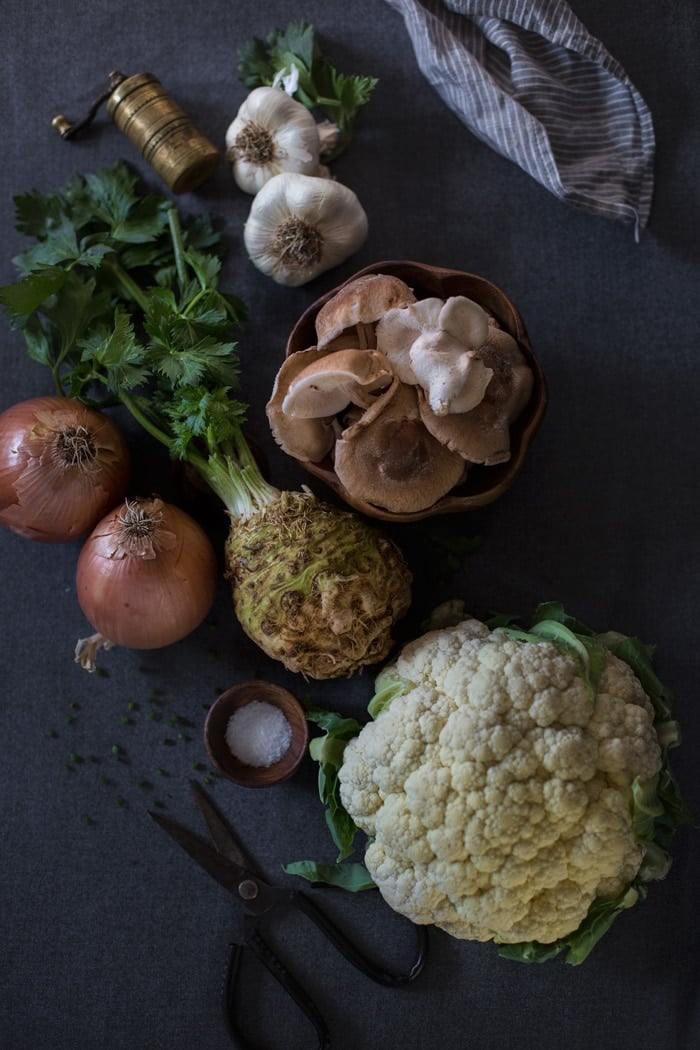 Creamy Cauliflower and Celery Root Soup with Roasted Shiitakes