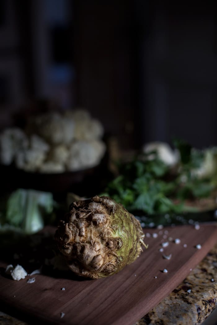 Creamy Cauliflower and Celery Root Soup with Roasted Shiitakes