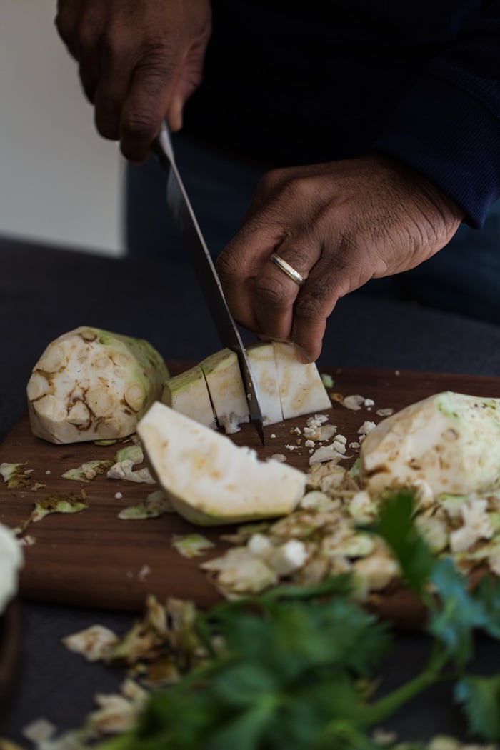 Creamy Cauliflower and Celery Root Soup with Roasted Shiitakes