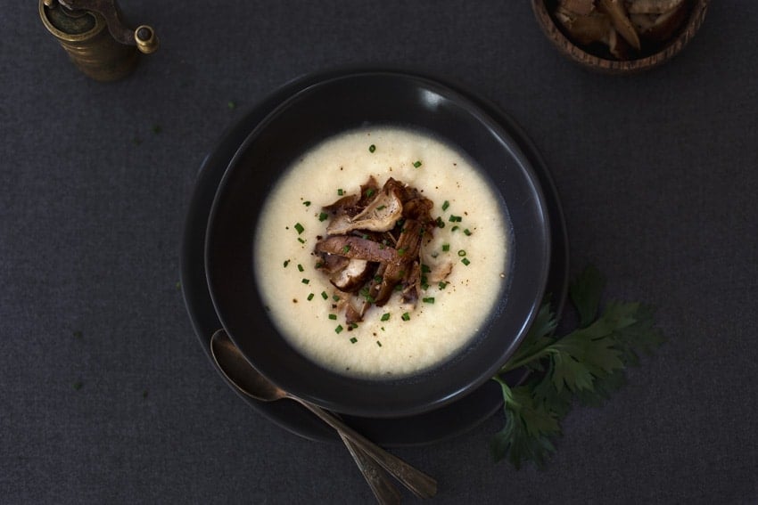 Creamy Cauliflower and Celery Root Soup with Roasted Shiitakes