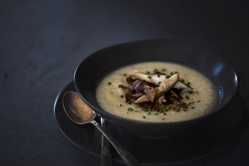 Creamy Cauliflower and Celery Root Soup with Roasted Shiitakes