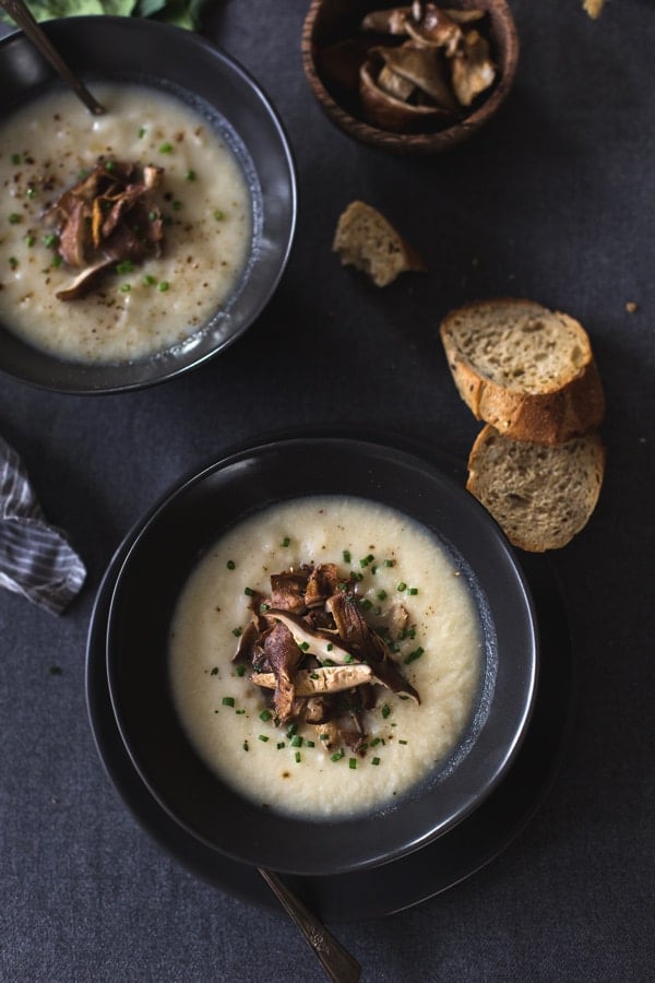 Creamy Cauliflower and Celery Root Soup with Roasted Shiitakes