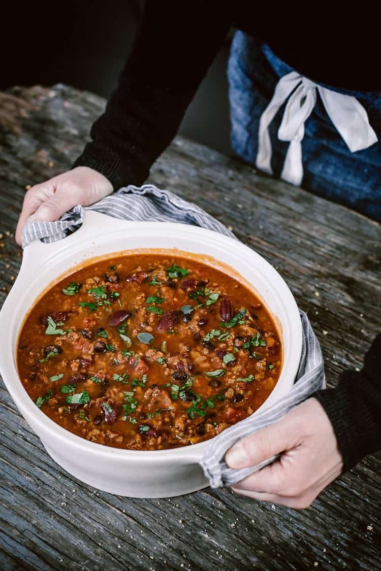 Turkey Bean Chili recipe served in a large bowl