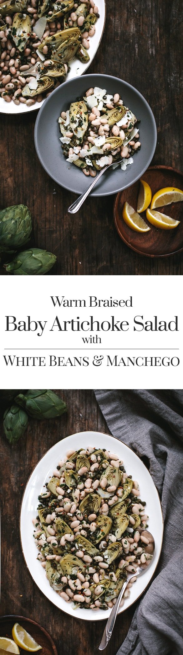 A bowl of Warm Braised Baby Artichoke Salad with White Beans and Manchego with cut lemons and artichokes