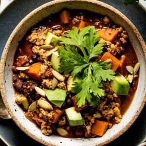 Vegan chocolate chili in a bowl from the top view