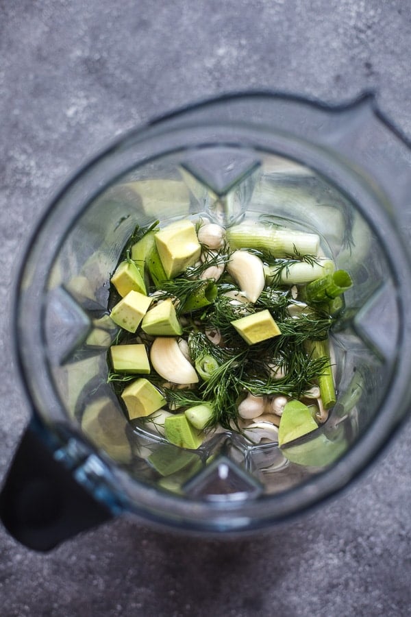 Overhead view Green Cashew Sauce in a Vitamix