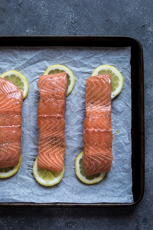 Three pieces of raw Salmon prep for seafood dinner