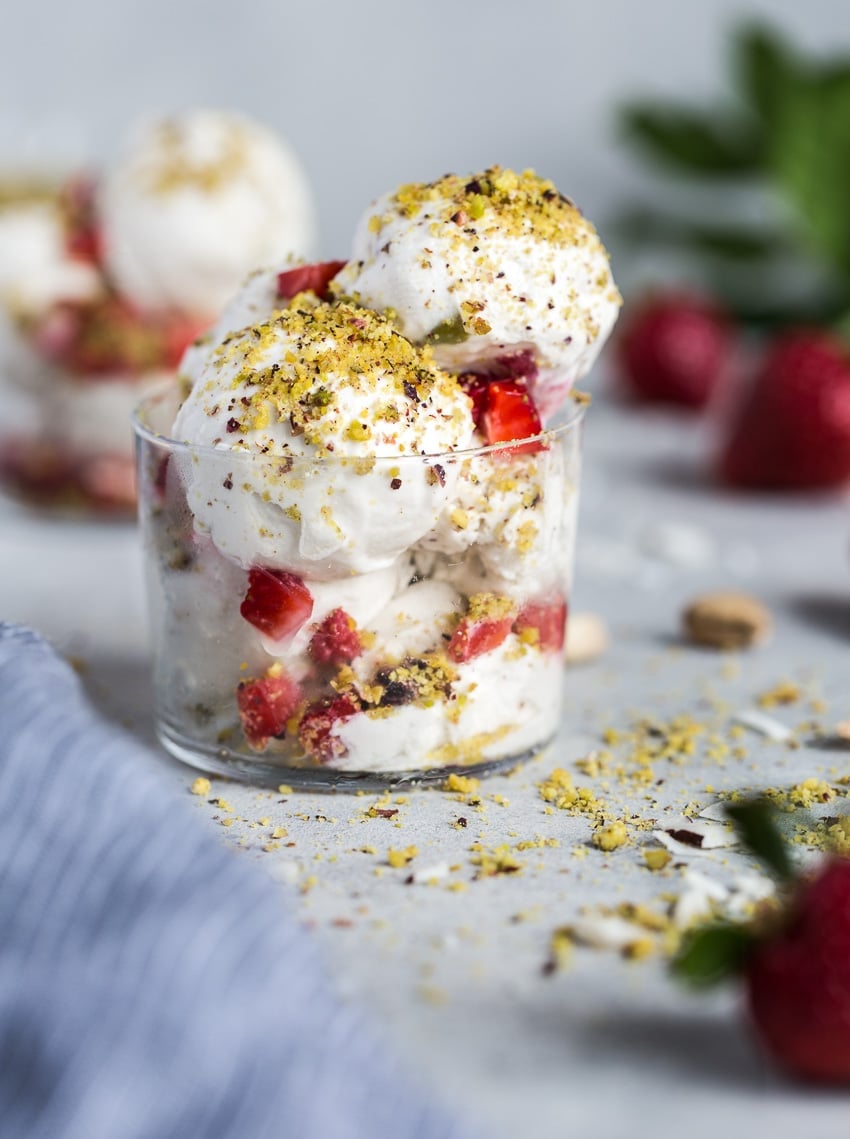 Coconut Milk and Cashew Ice Cream topped off with pistachios and strawberries