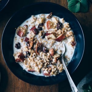 A heart warming farro breakfast bowl recipe with Cinnamon, apples, and cranberries. A perfect breakfast recipe for fall.