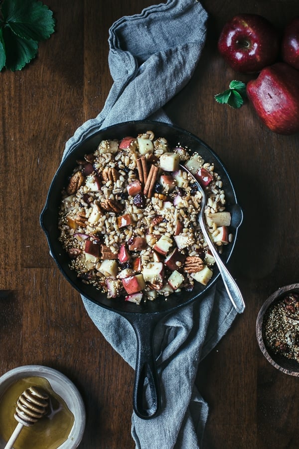 farro breakfast cooked in a cast iron skillet