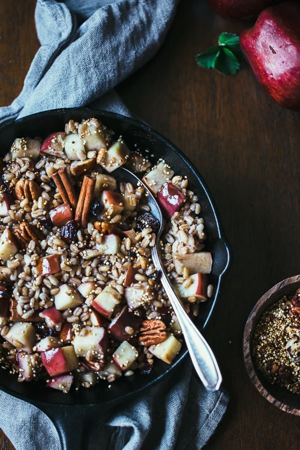 Warm farro breakfast in a skillet