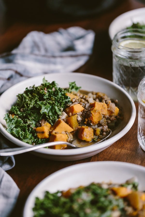 a bowl of butternut squash slow cooker from the front view