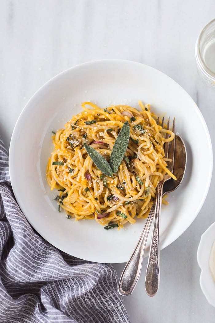 A bowl of Pumpkin Creme Fraiche Pasta with Sage