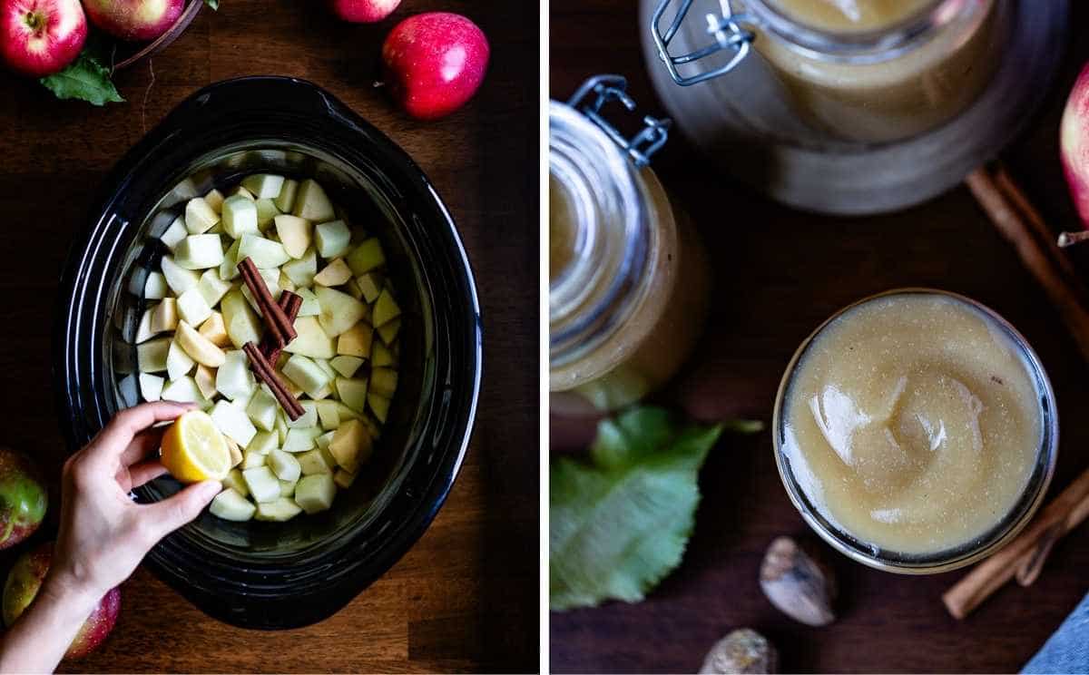 A photo of apples and cinnamon in a crockpot from the front view.