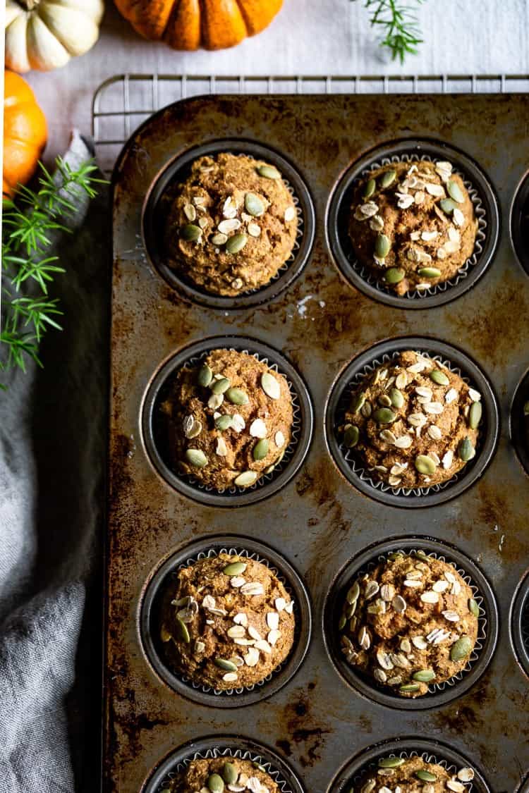 Healthy Pumpkin Muffin Recipe in muffin tin from the top view