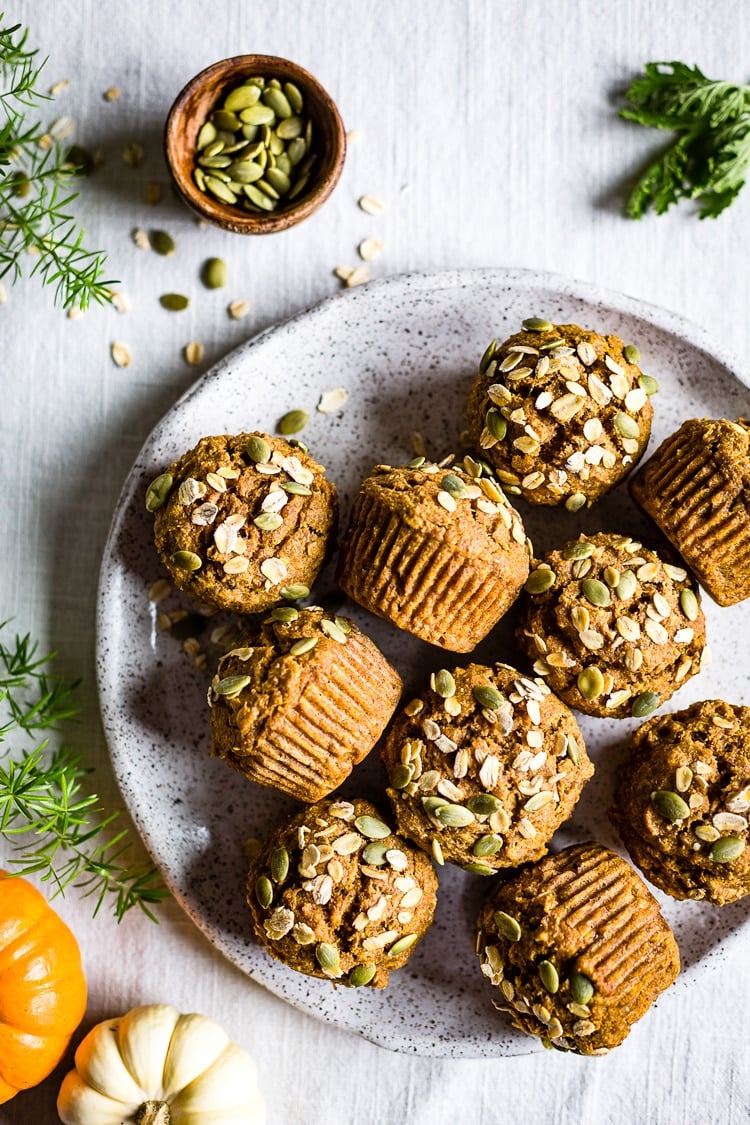 Healthy Pumpkin Oatmeal Muffins in a plate photographed from the top view