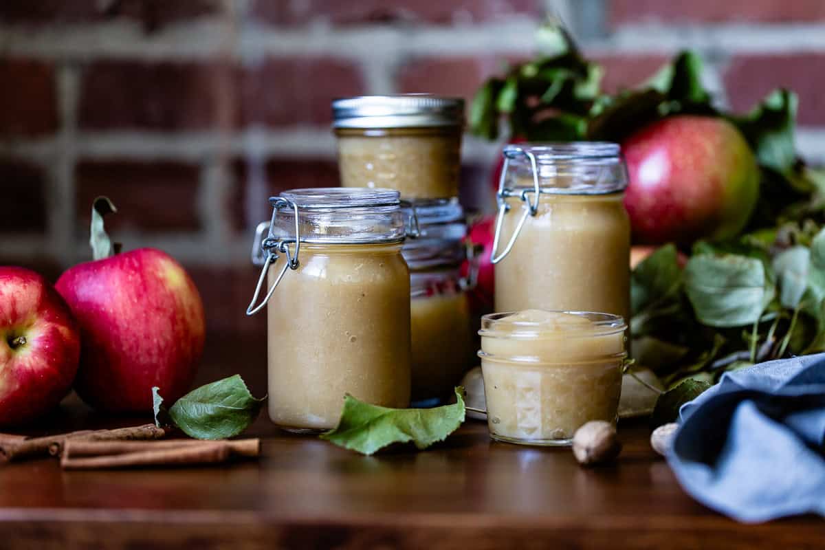 Jars of applesauce from the front view.