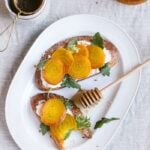 Roasted Golden Beet Ricotta Toast: Recipe for a quick yet delicious snack to make for a pick-me-up in the afternoon.