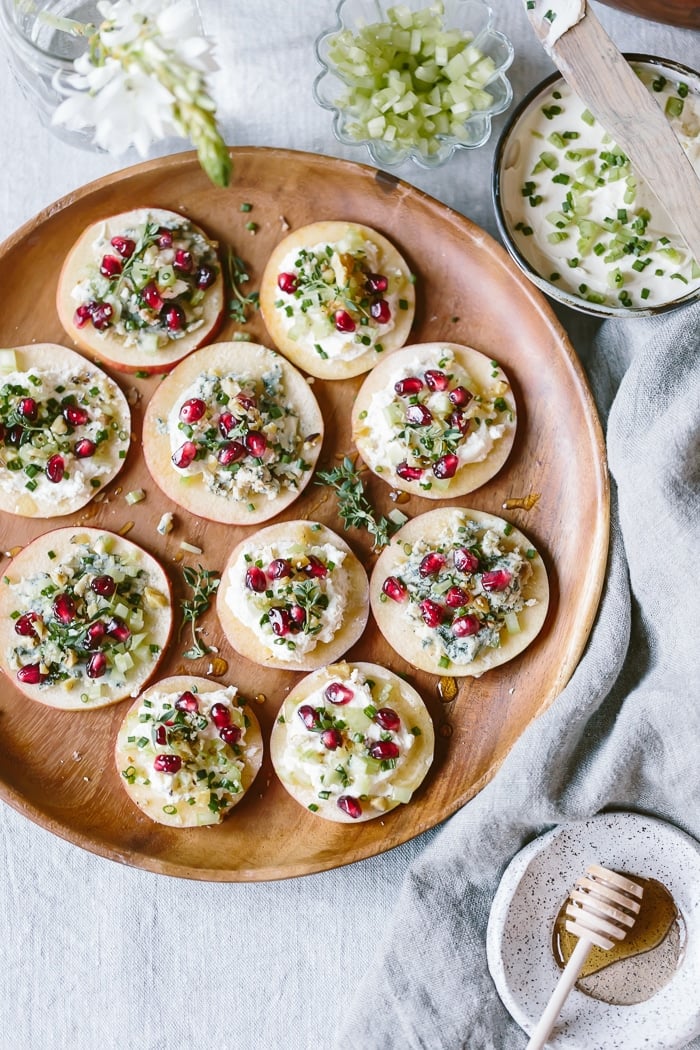 Cheesy Apple Bites with Walnuts, Celery, and Pomegranate Seeds: T
