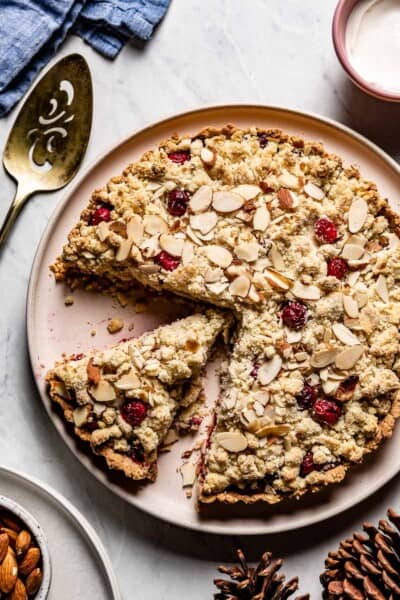 Vegan Cranberry Almond Tart sliced from the top view