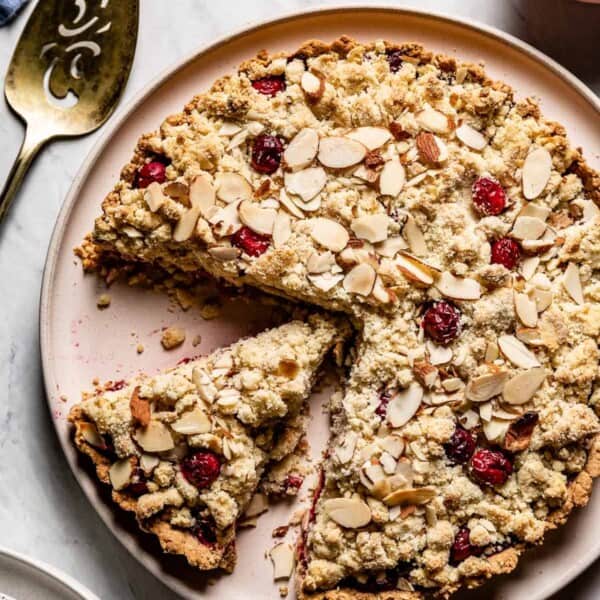 Vegan Cranberry Almond Tart sliced from the top view
