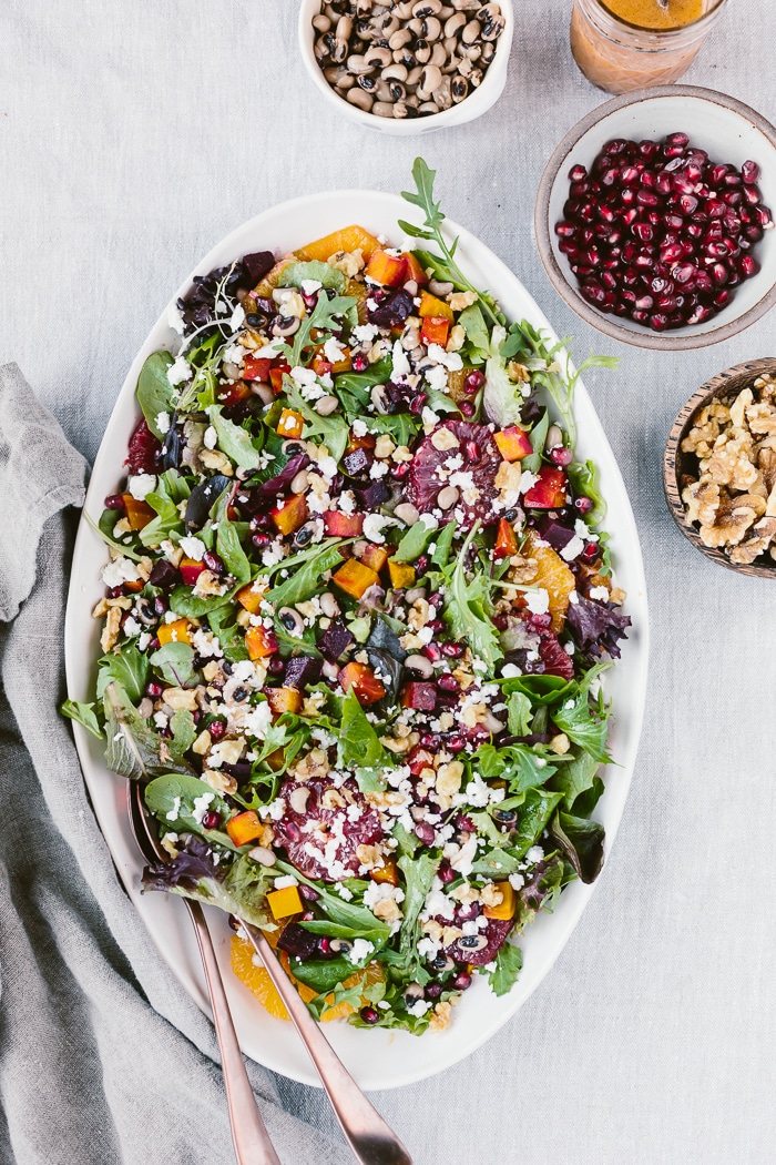 Citrusy Roasted Beet Goat Cheese salad with walnuts and black eyed peas recipe