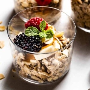 Overnight Muesli in a glass topped off with fruit