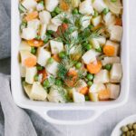 One-Pot Citrusy Winter Root Vegetables in a casserole dish