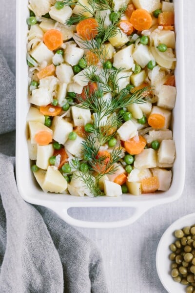One-Pot Citrusy Winter Root Vegetables in a casserole dish
