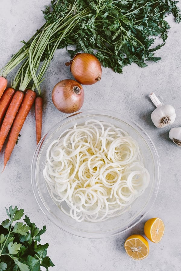 Ingredients for Potato Noodle Chicken soup are photographed from the top view