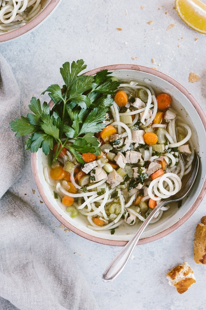 Chicken Potato Noodle Soup: Classic chicken noodle soup made with spiralized potato noodles. Healing, filling, and healthy.