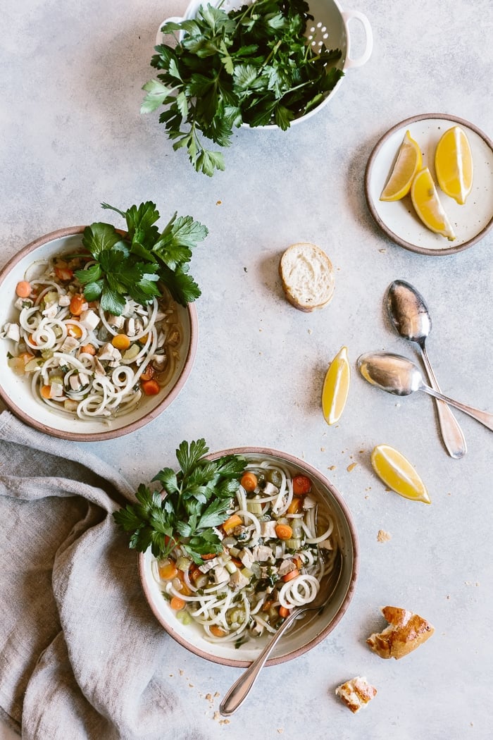 Chicken Potato Noodle Soup: Classic chicken noodle soup made with spiralized potato noodles. Healing, filling, and healthy.