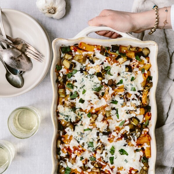 Baked Ziti with Roasted Eggplant and Basil: A vegetarian baked pasta recipe layered with roasted eggplant, homemade tomato basil sauce and ricotta cheese.