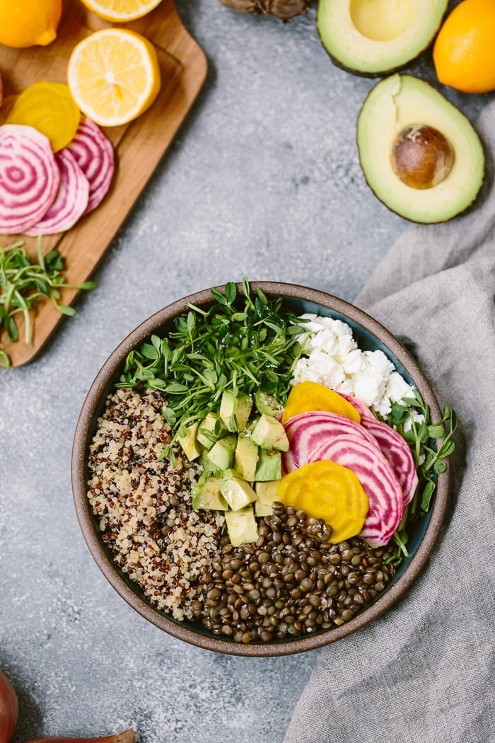 Spring Abundance Bowl: A healthy bowl of vegetarian spring produce flavored with goat cheese.