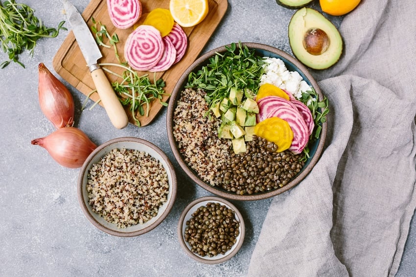 Spring Abundance Bowl: A healthy bowl of vegetarian spring produce flavored with goat cheese.