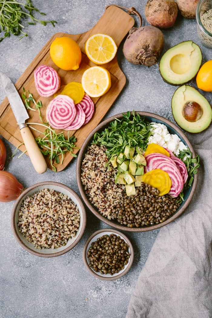 Spring Abundance Bowl: A healthy bowl of vegetarian spring produce flavored with goat cheese.