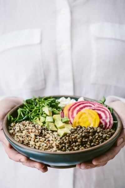 Spring Abundance Bowl: A healthy bowl of vegetarian spring produce flavored with goat cheese.