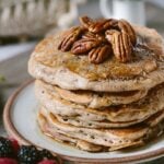 Gluten-free and maple sweetened buckwheat pancakes. Delicious breakfast pancakes made healthier.