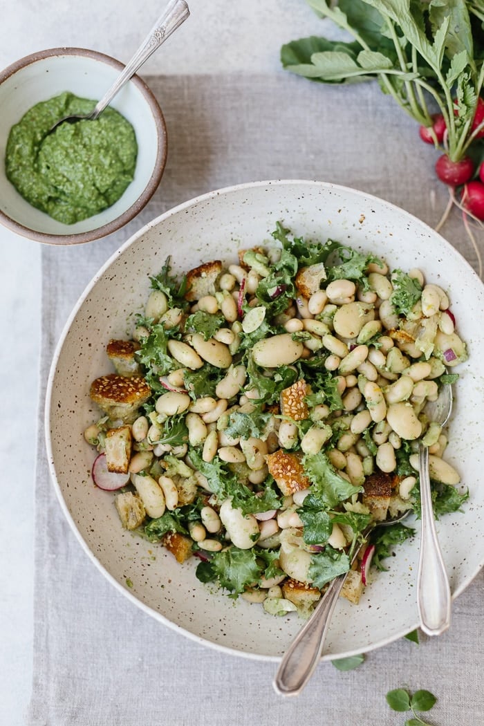 A bowl of Warm White Bean Arugula Salad: A Salad recipe made with mixing warm cannelini beans with arugula pesto.