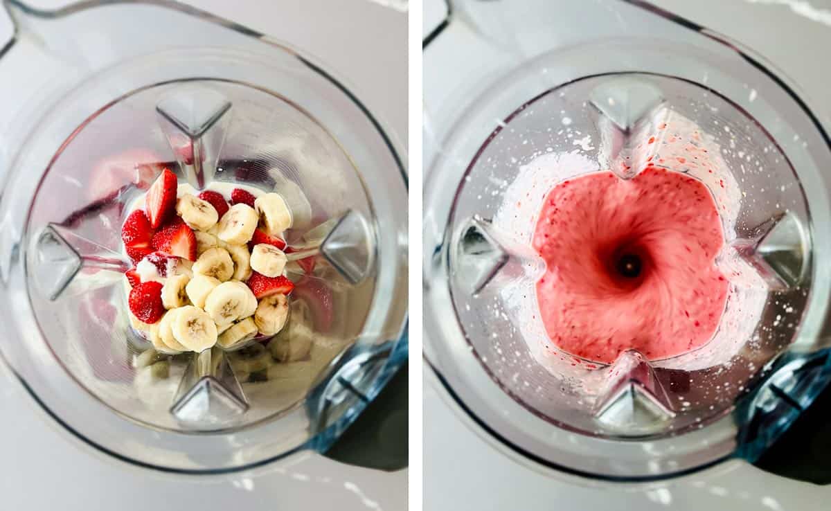 A collage of images showing how to make banana strawberry smoothie recipe.