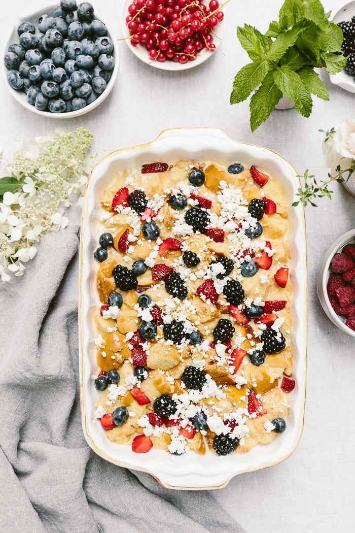 Goat cheese bread pudding recipe before it is baked in a casserole dish