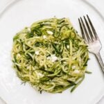 5-Ingredient Zucchini Noodles Recipe - A vegetarian spiralized zucchini noodle pasta recipe made with olive oil, garlic, dill and feta.