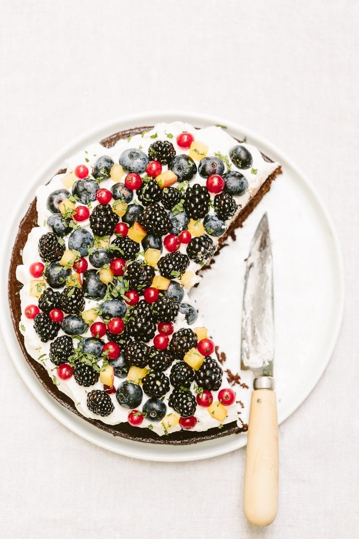 Maple Sweetened Almond Flour Chocolate Cake photographed from the top