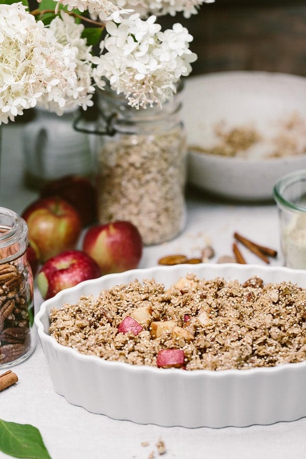 How to Make Healthy Apple Crumble - showcasing ingredients in a casserole dish