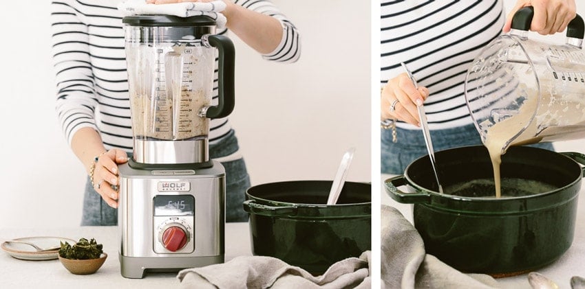 a woman is making a Sunchoke Soup Recipe in a blender shown from the front view