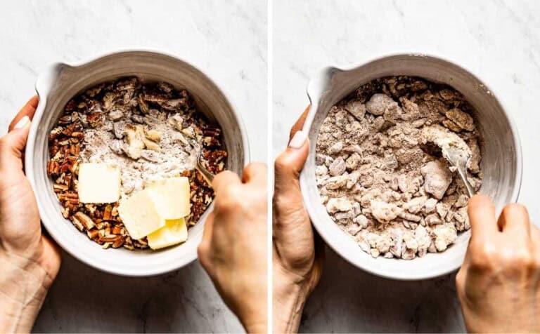 A person making the pecan streusel topping.