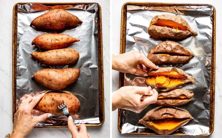Person showing how to prepare the sweet potatoes for baking them in the oven.