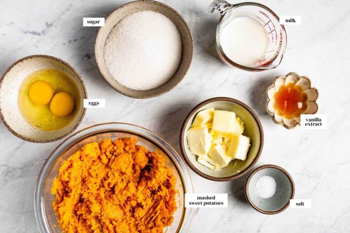 Sweet potato souffle filling ingredients with text on the image.