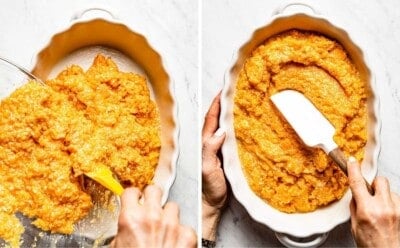 Photos showing a person placing the filling in a casserole dish.